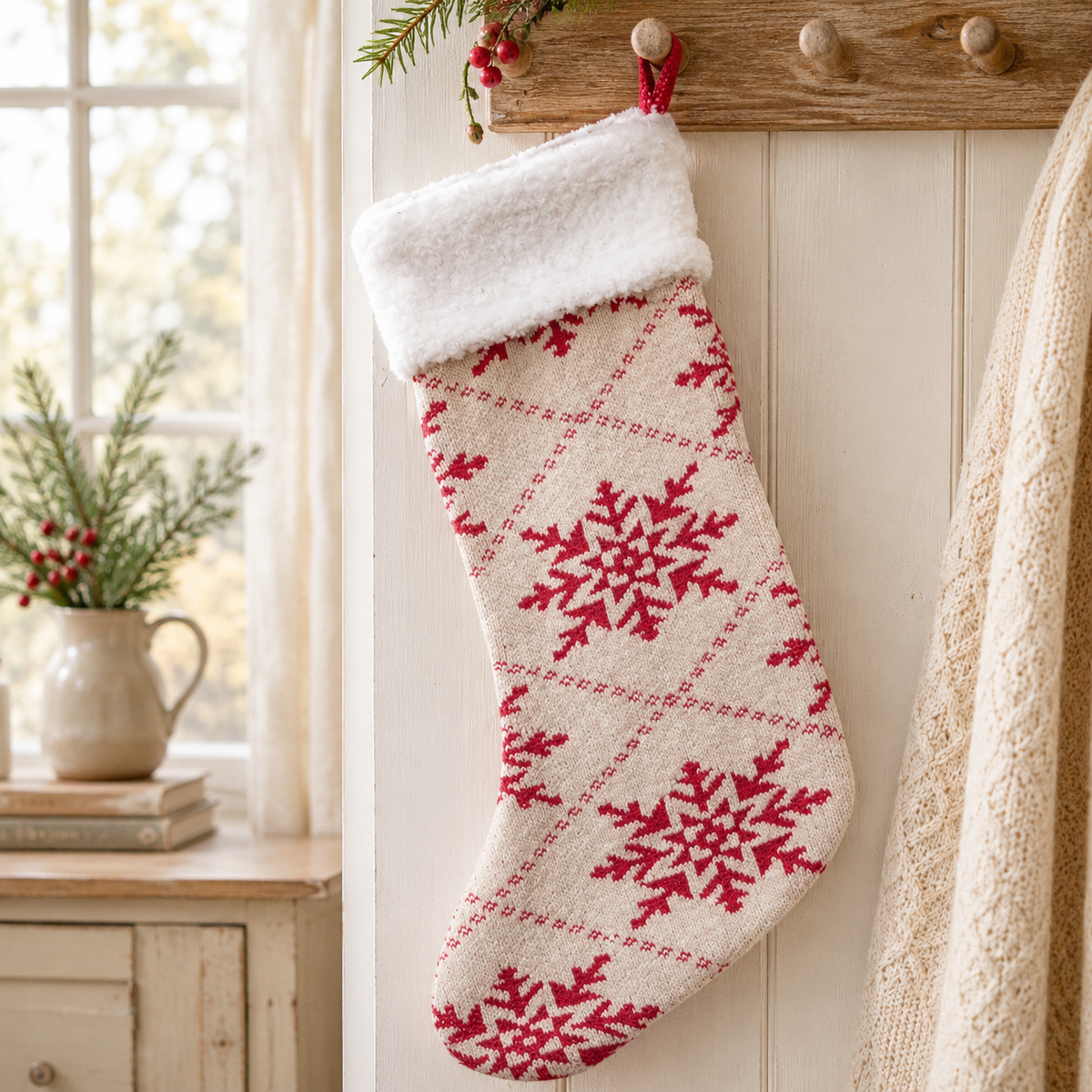 Snowflake Knit Stocking With Faux Sherpa Cuff
