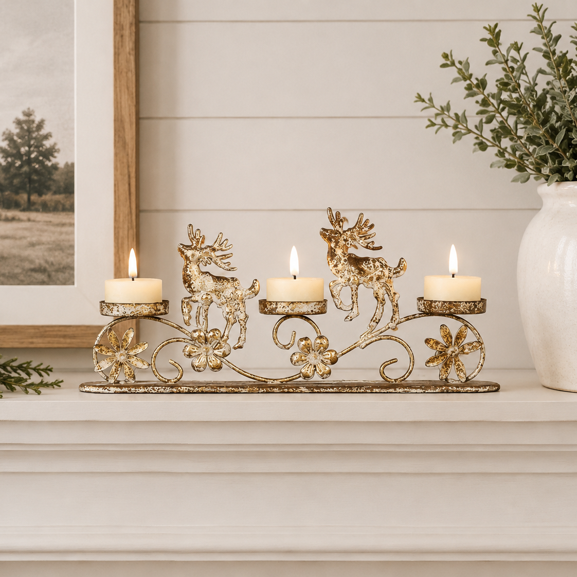 Gold Reindeer Pillar Tealight Holder