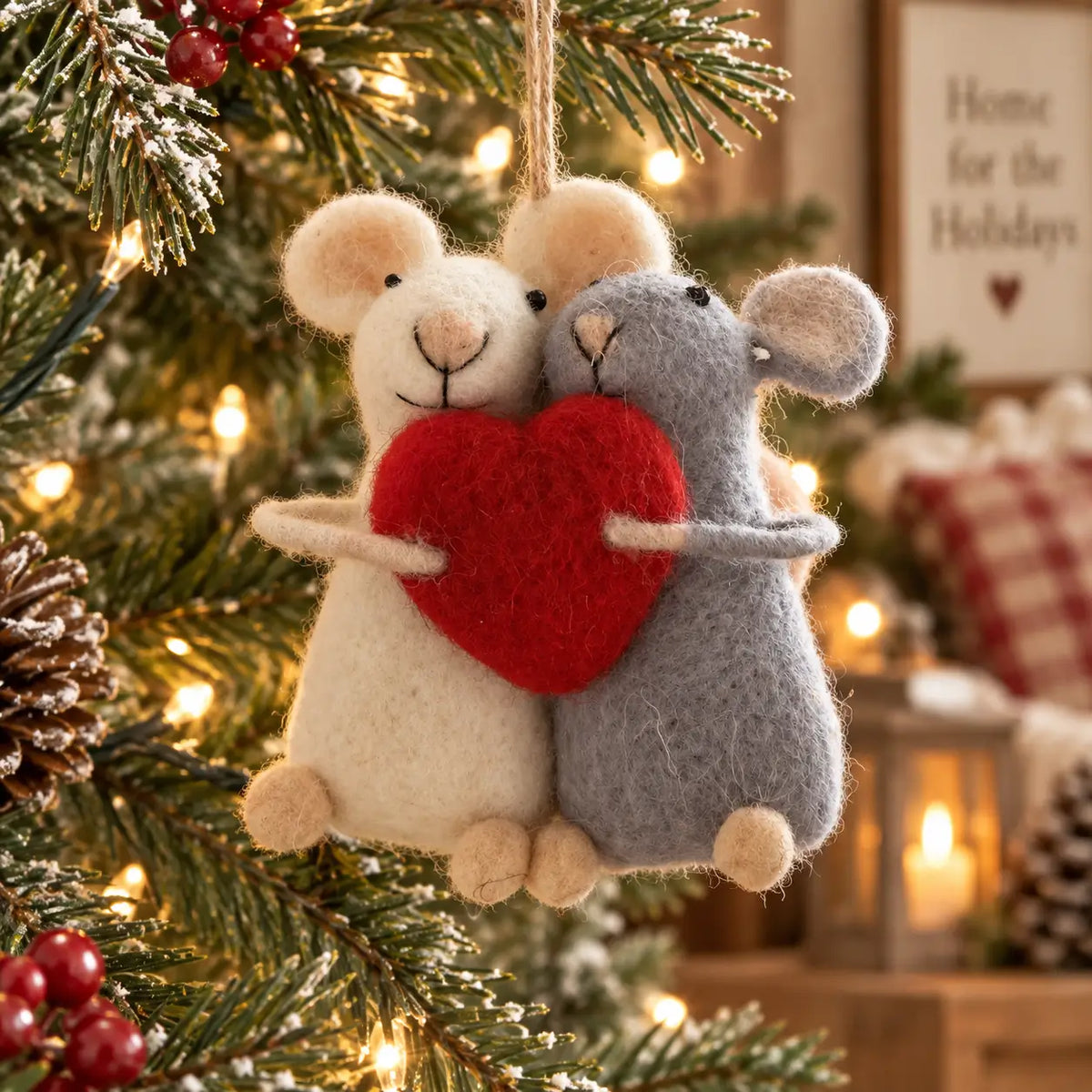 Wool Felt Mice Holding A Heart Ornament