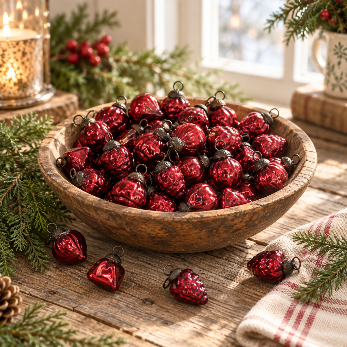 Red Mercury Glass Ornaments Set