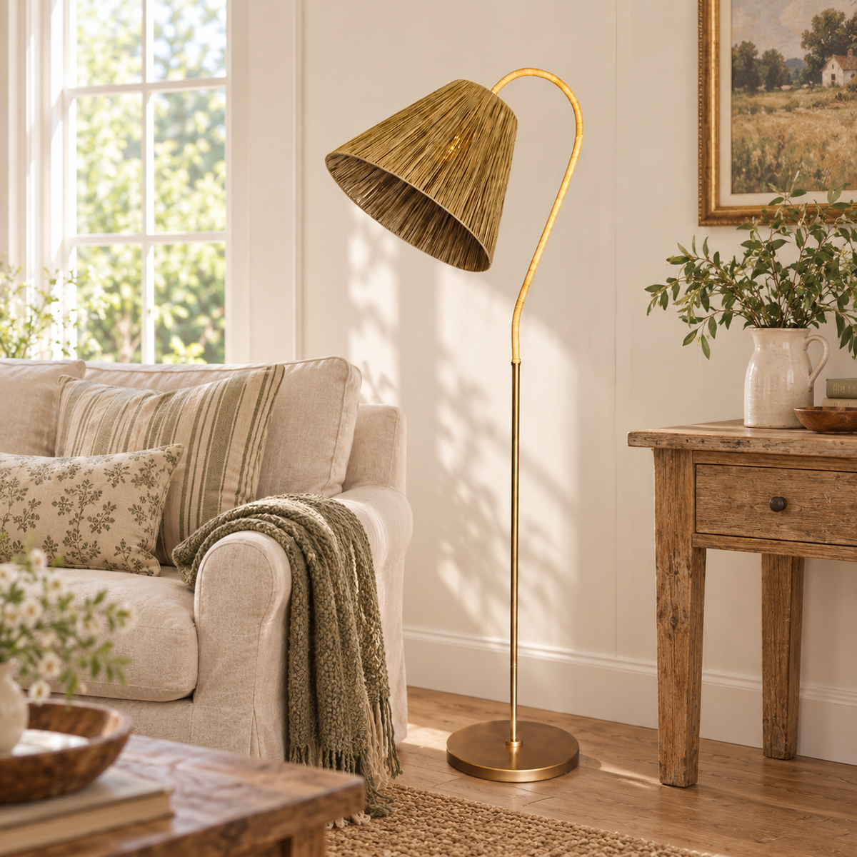 Rattan Wrapped & Raffia Shade Floor Lamp