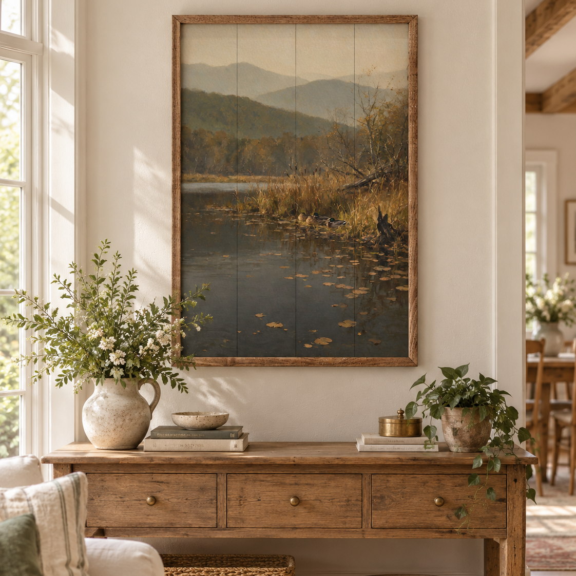 Vintage Mallards Along A Mountain Riverbank Wood Framed Print