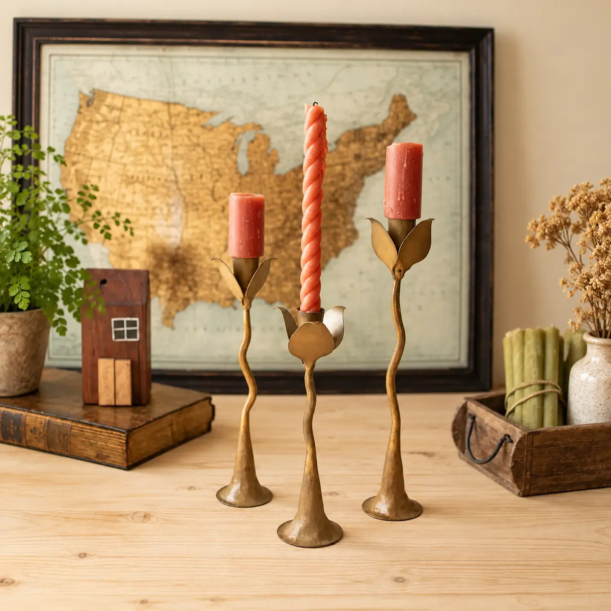 Forged Iron Leaves Taper Candle Holder Set