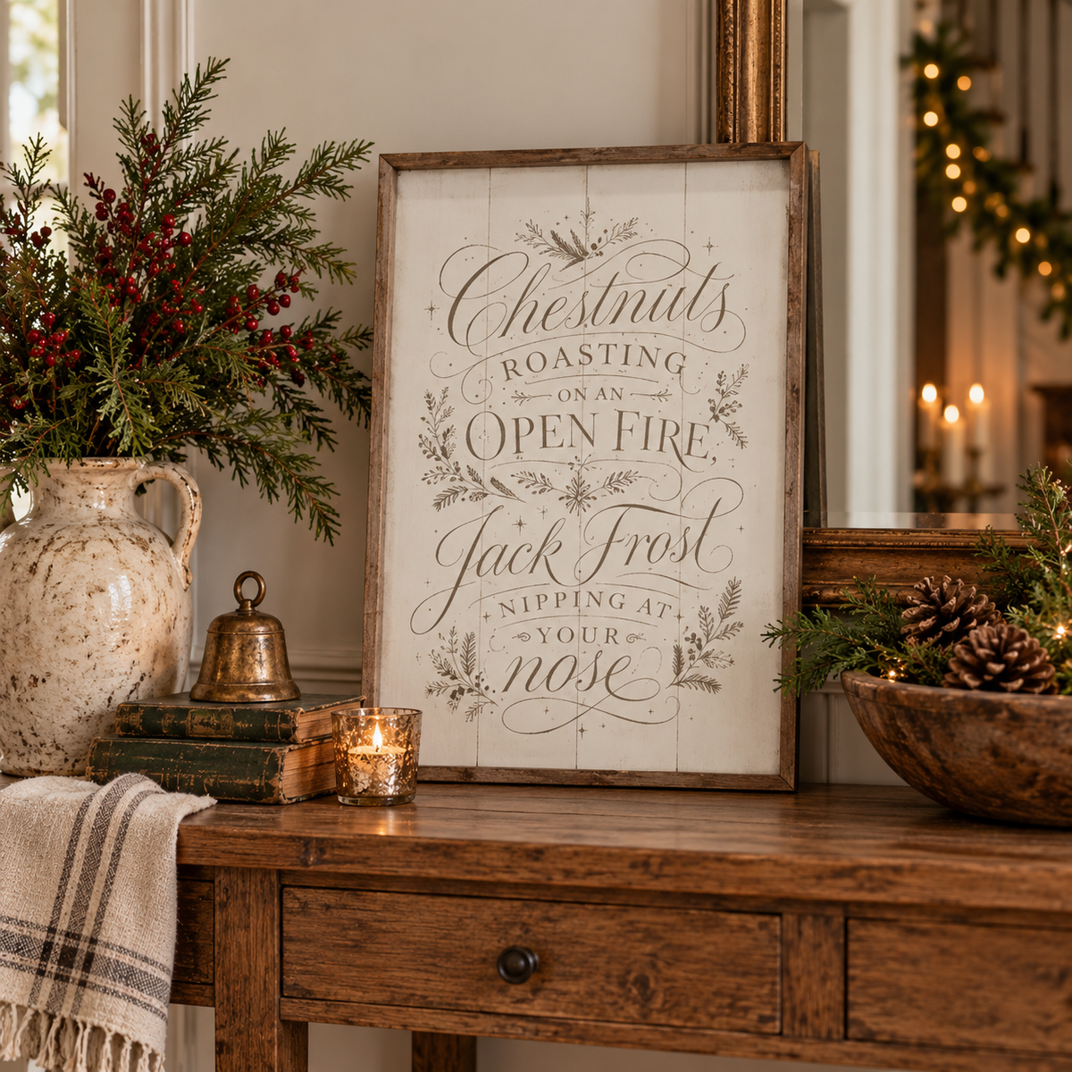 Chestnuts Roasting Typography Wood Framed Print