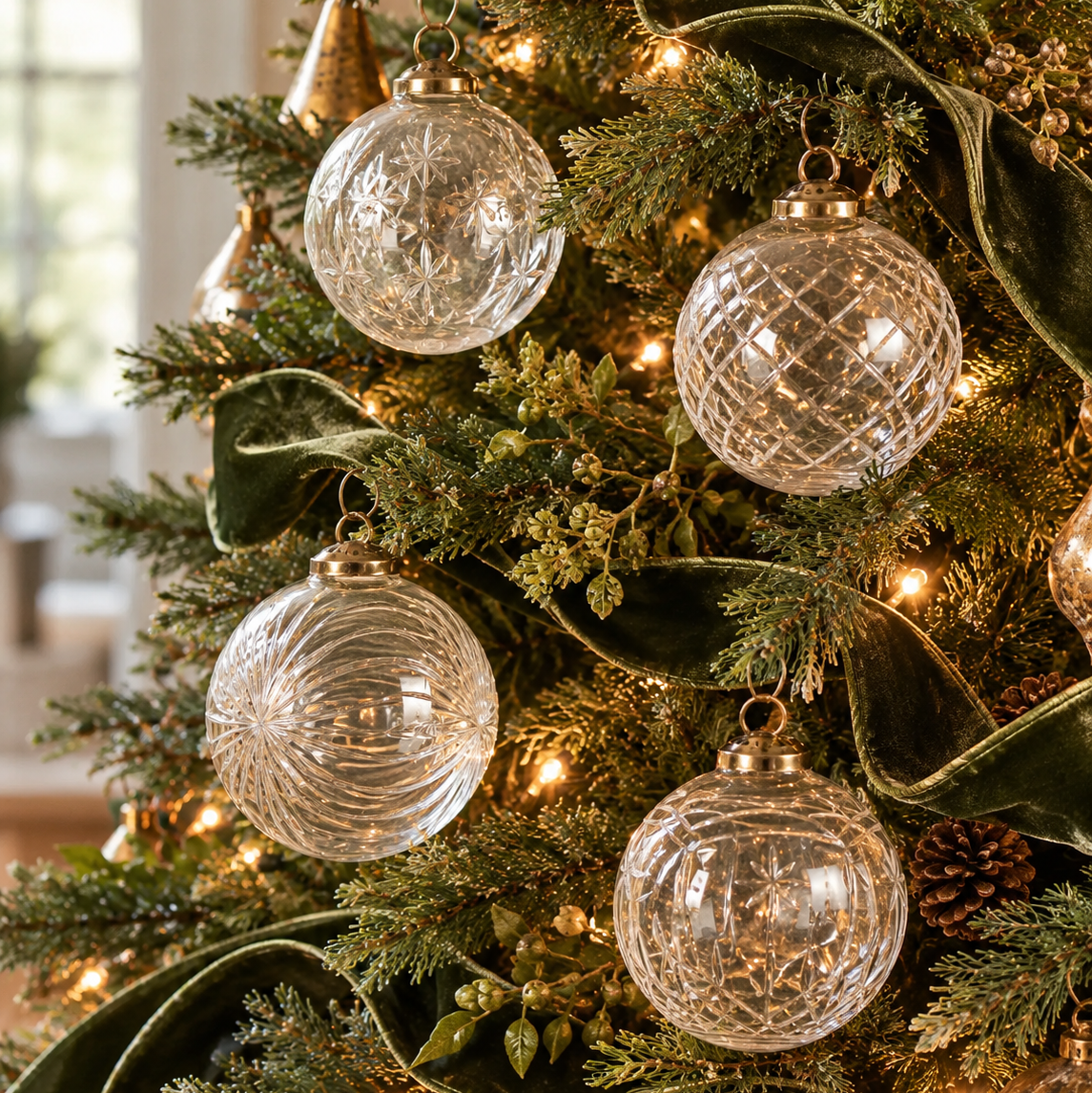 Clear Glass Etched Ornaments Boxed Set