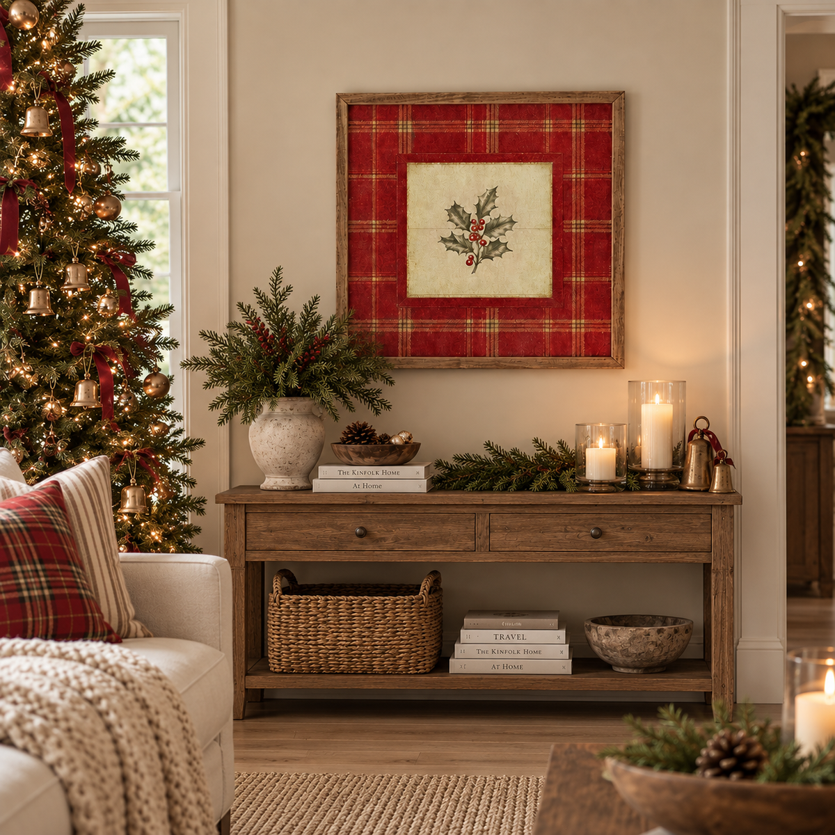 Cranberry Plaid Holly Wood Framed Print