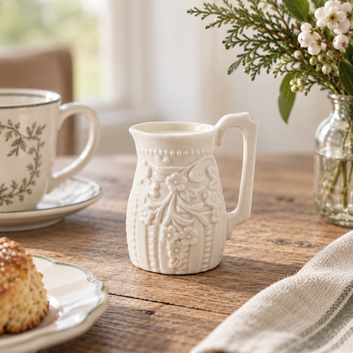 Embossed Stoneware Vintage Style Creamer