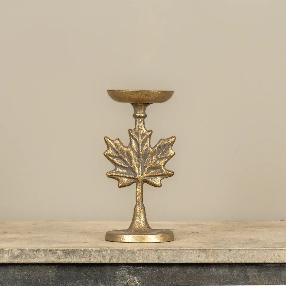 Gold Maple Leaf Pillar Candle Holder