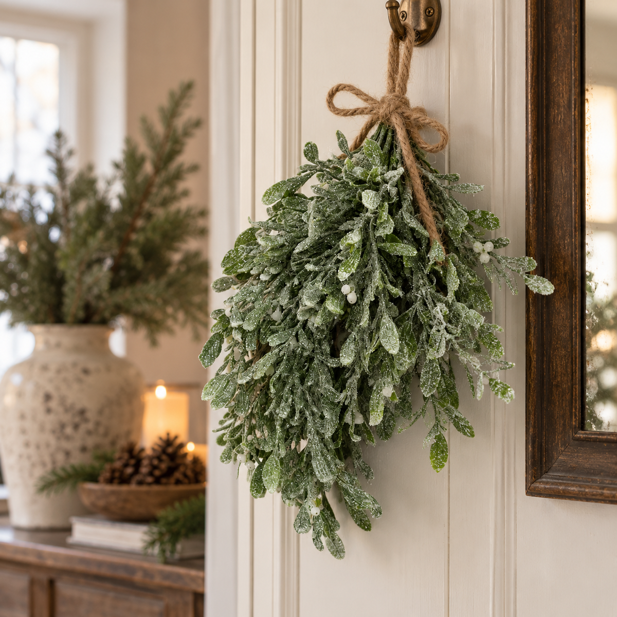 Frosted Mistletoe Hanging Bush