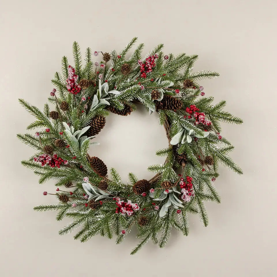 Snowy Pine, Lamb's Ear & Red Berry Wreath