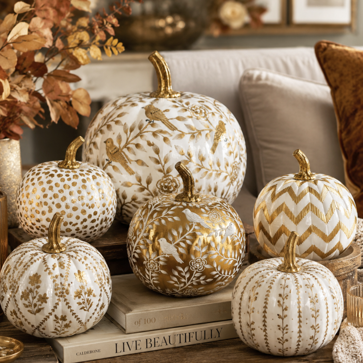 Gold Bird & Vine Silhouette Pumpkin