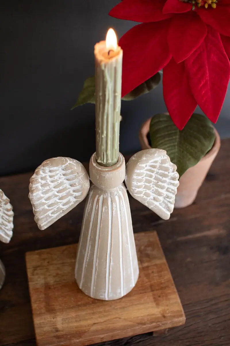 Grey Wash Clay Angel Taper Candle Holder Set