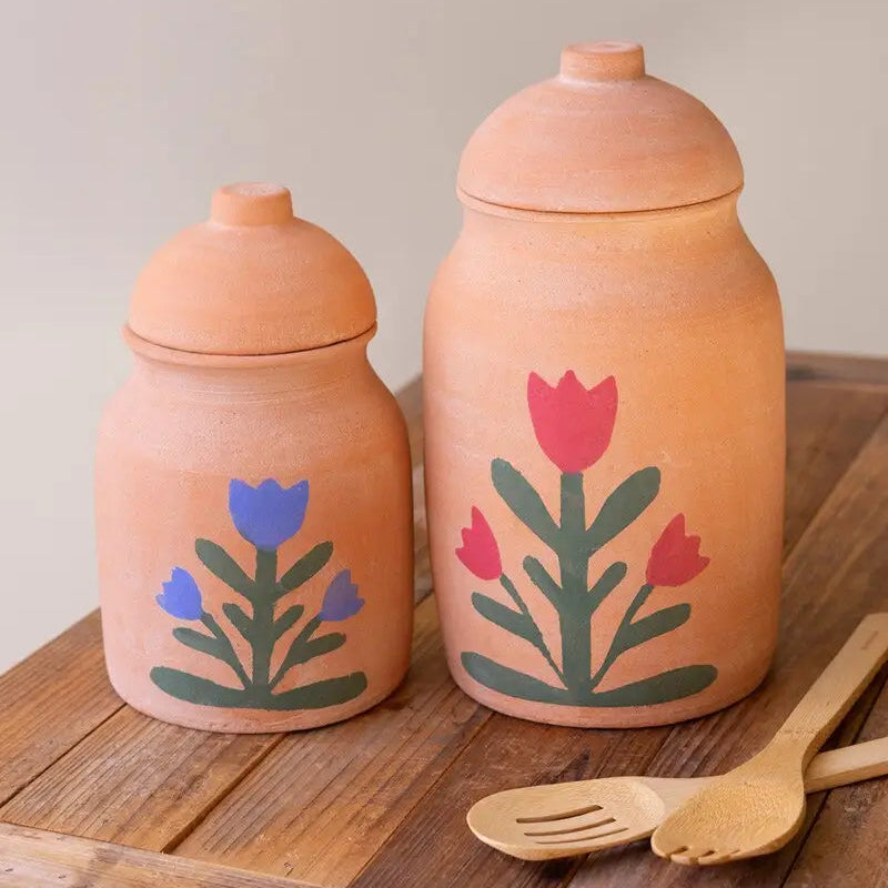 Painted Flower Clay Canister Set