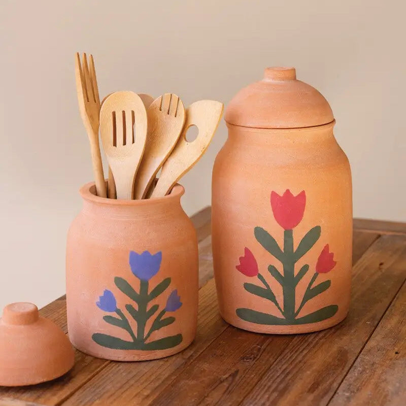 Painted Flower Clay Canister Set