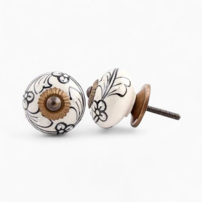 Hand Painted Black & White Floral Knob