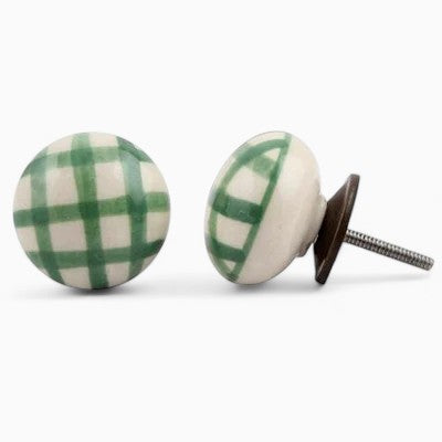 Hand Painted Green Plaid Ceramic Knob