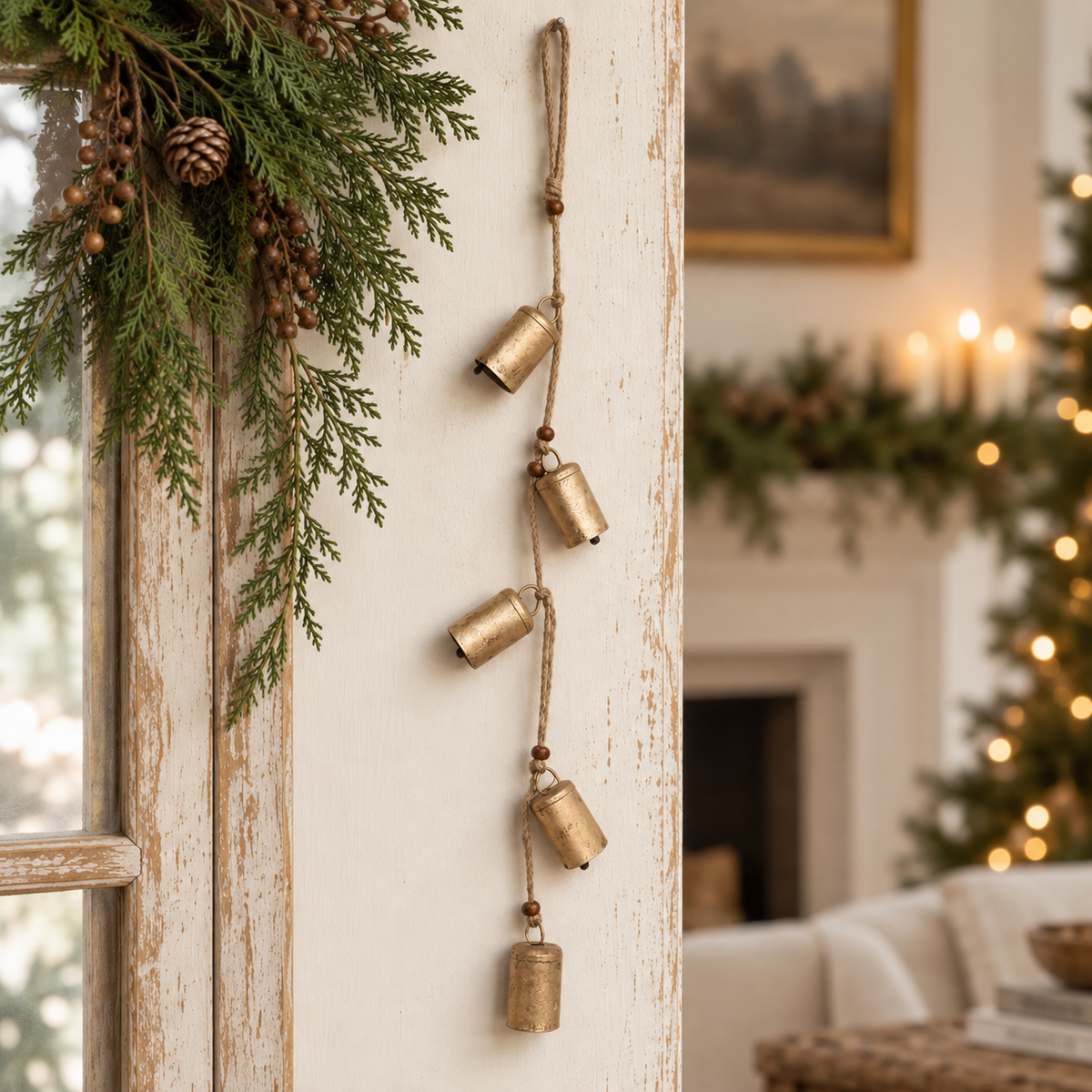 Hanging Metal Bells With Wood Beads & Jute Rope