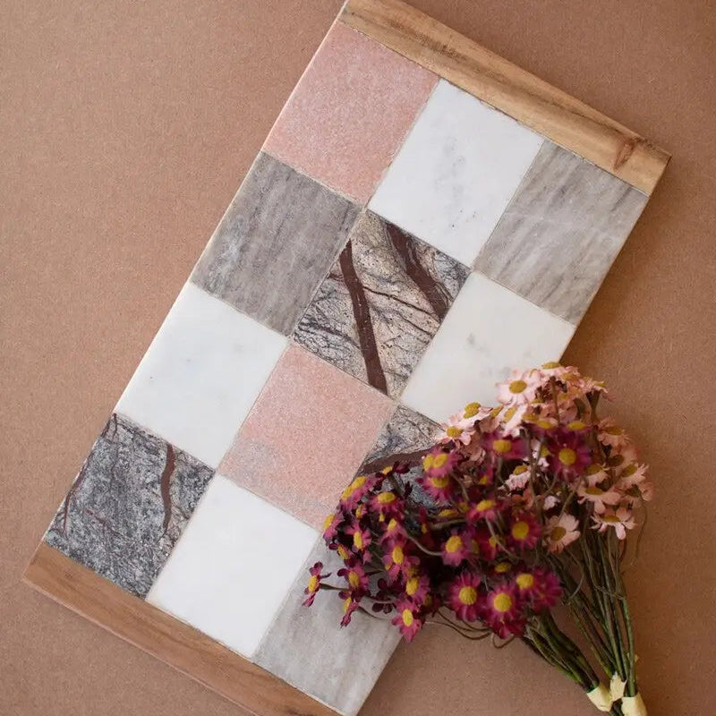Square Marble & Wood Checkered Serving Board
