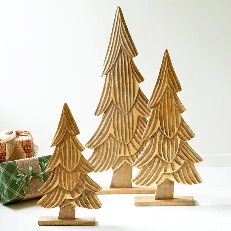 Carved Natural Mango Wood Christmas Tree Set