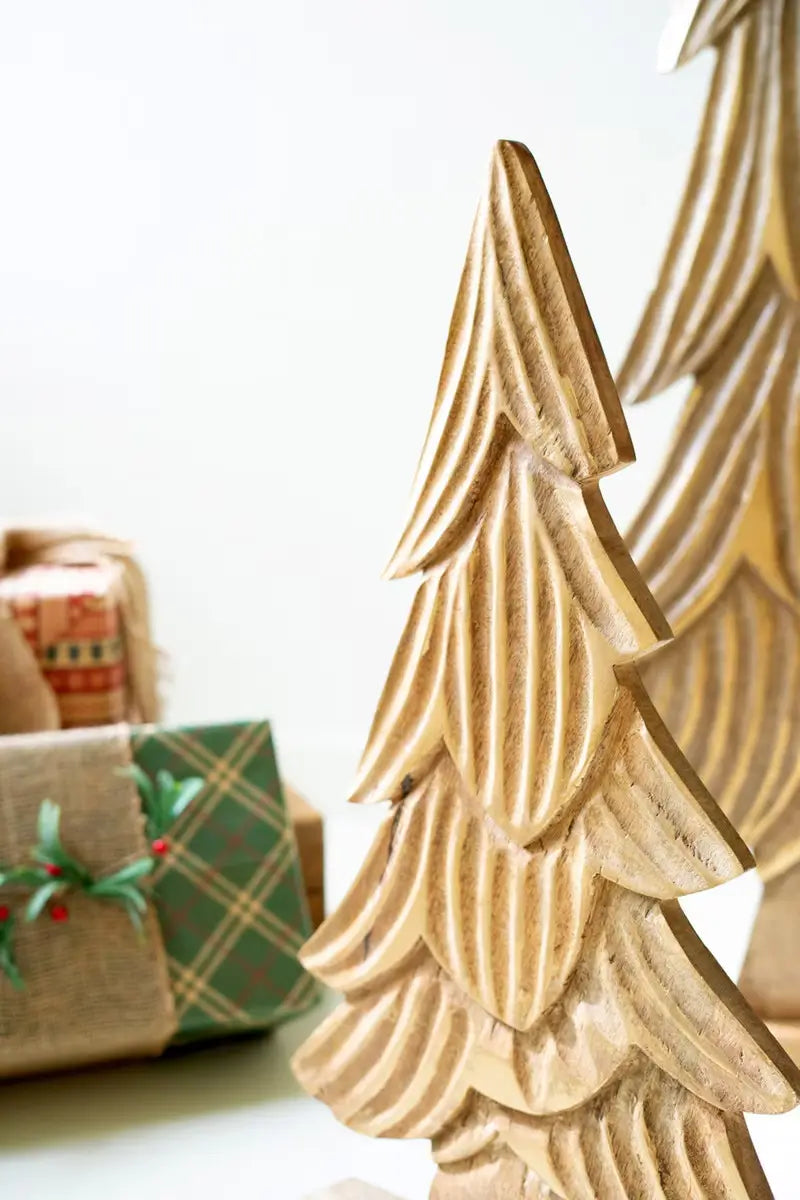 Carved Natural Mango Wood Christmas Tree Set