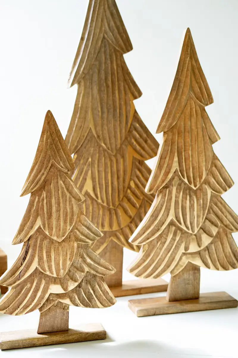 Carved Natural Mango Wood Christmas Tree Set