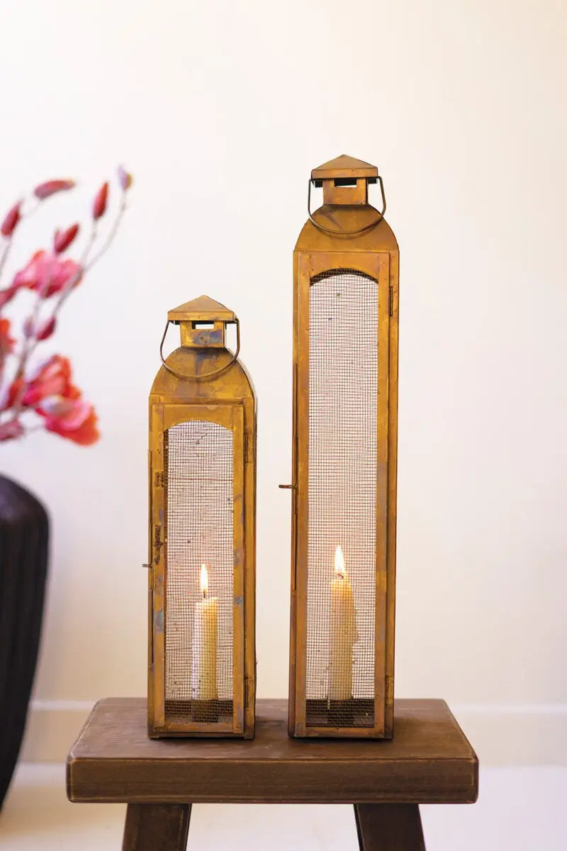 Antique Brass Taper Candle Lantern Set