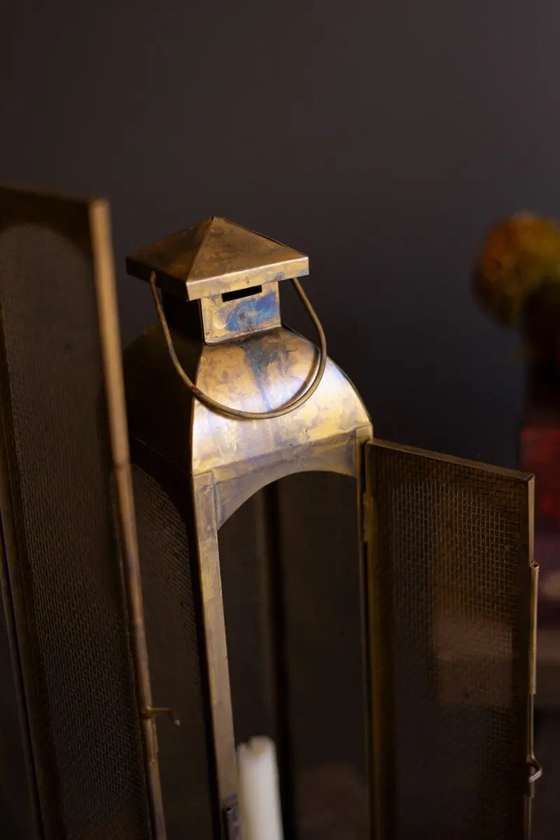 Antique Brass Taper Candle Lantern Set