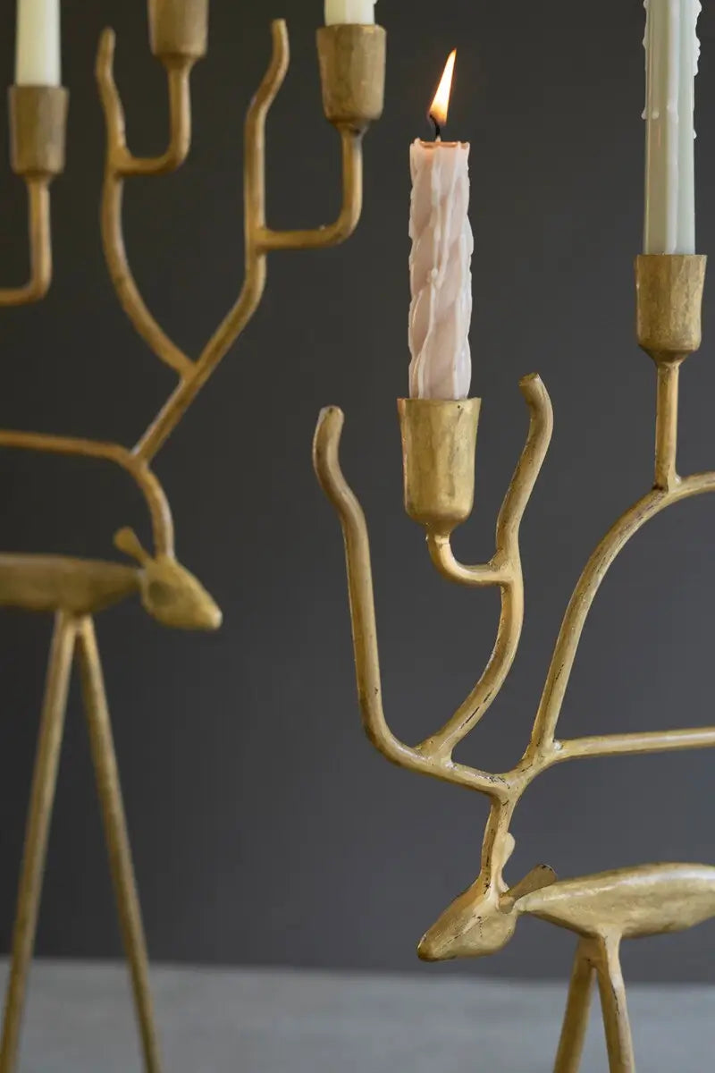 Antique Gold Forged Iron Christmas Deer Candelabra Set