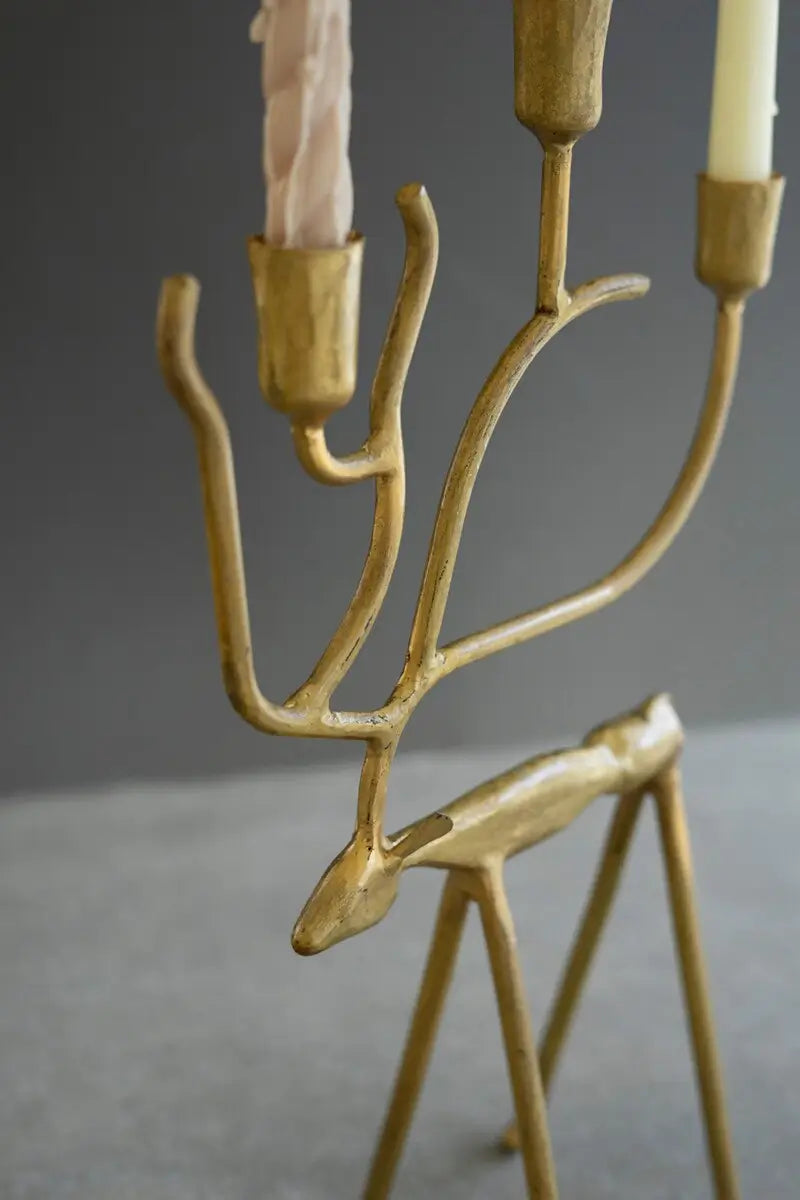 Antique Gold Forged Iron Christmas Deer Candelabra Set