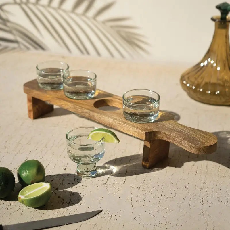 Four Tequila Flight Glasses & Wooden Tray