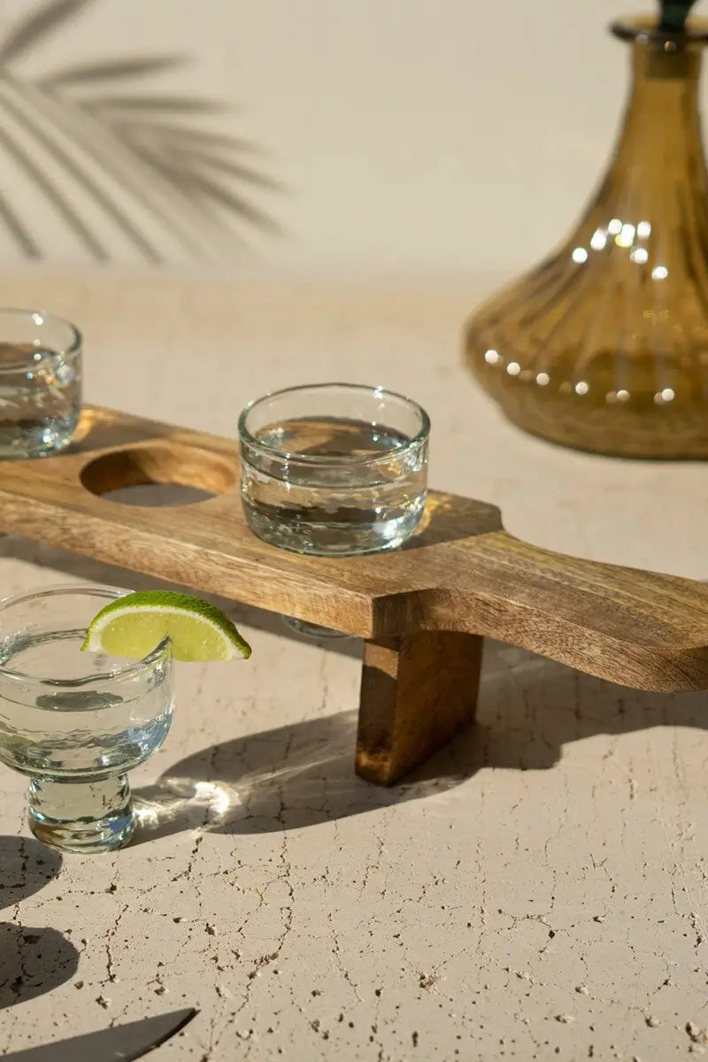 Four Tequila Flight Glasses & Wooden Tray