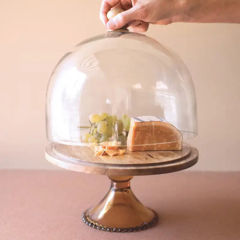 Mango Wood Glass Dome Cake Display