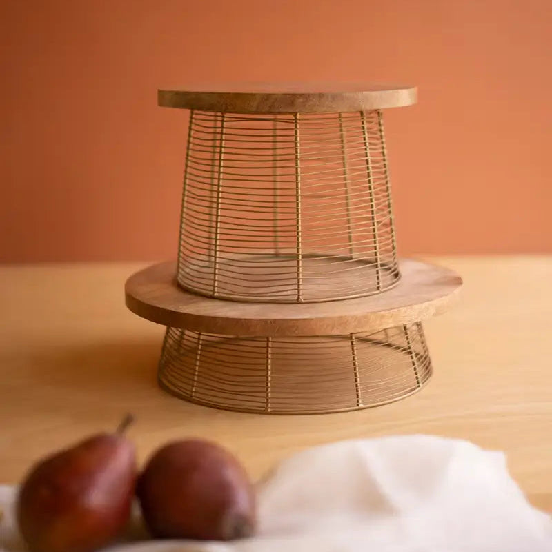 Round Mango Wood & Antique Gold Wire Riser Set