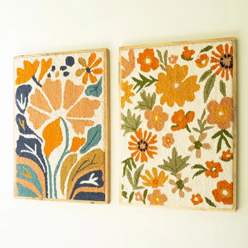 Wood Framed Hand-Hooked Floral Set