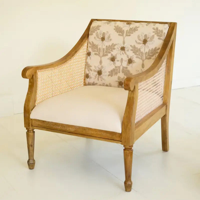 Mango Wood & Cane Embroidered Arm Chair