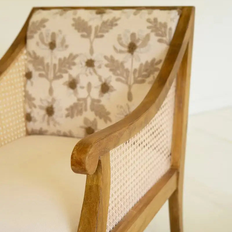 Mango Wood & Cane Embroidered Arm Chair