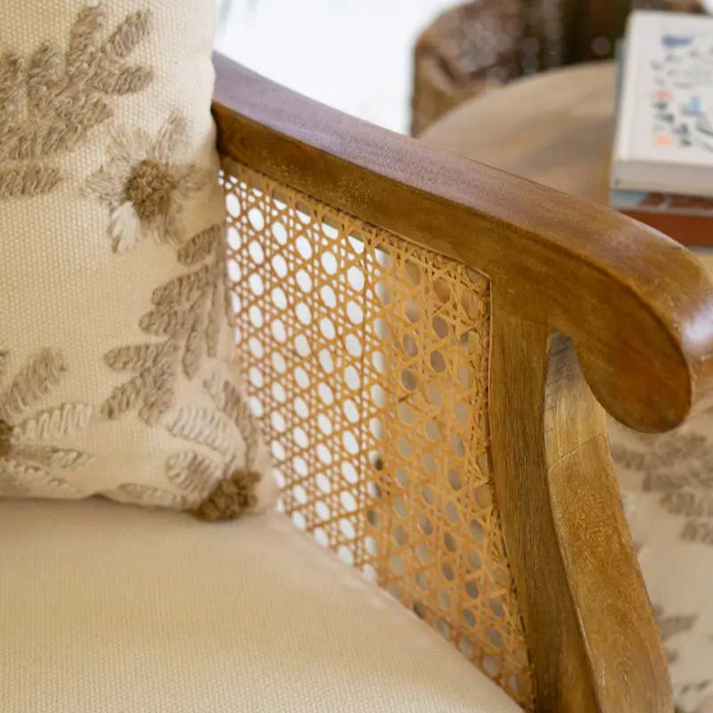Mango Wood & Cane Embroidered Arm Chair