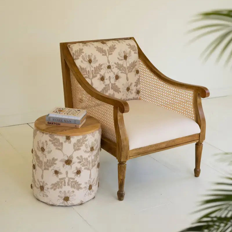 Mango Wood & Cane Embroidered Arm Chair