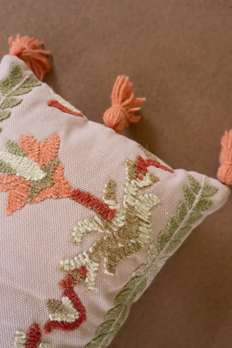 Embroidered Lumbar Pillow With Tassels