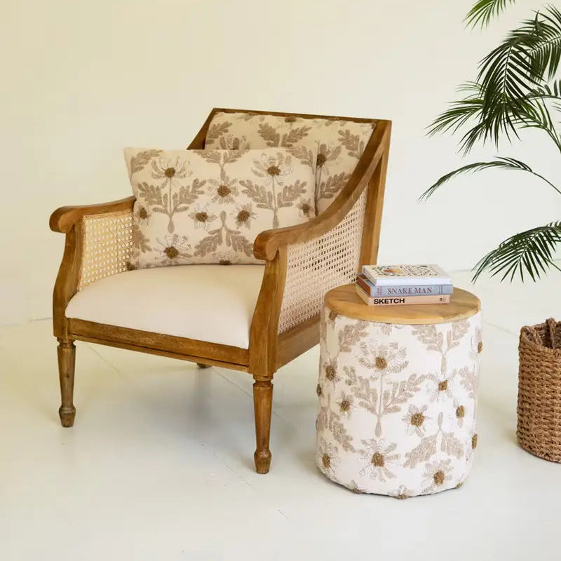 Mango Wood & Cane Embroidered Arm Chair