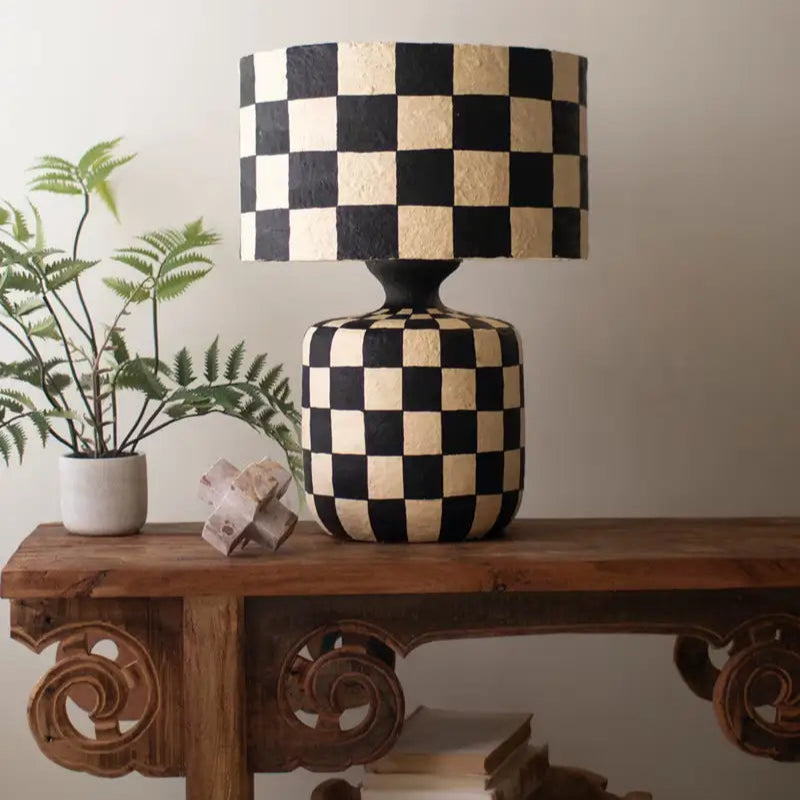 Black & White Checkered Paper Mache Lamp with Shade
