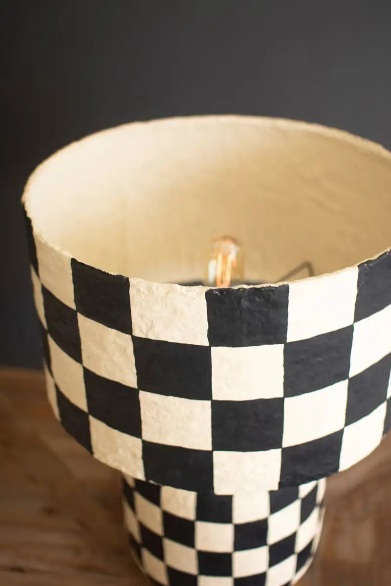 Black & White Checkered Paper Mache Lamp with Shade