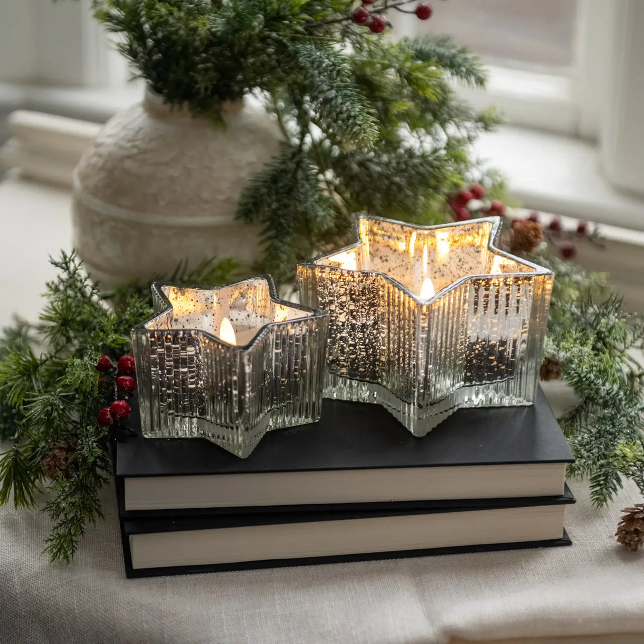 Silver Mercury Glass Star 3D Flame Candle