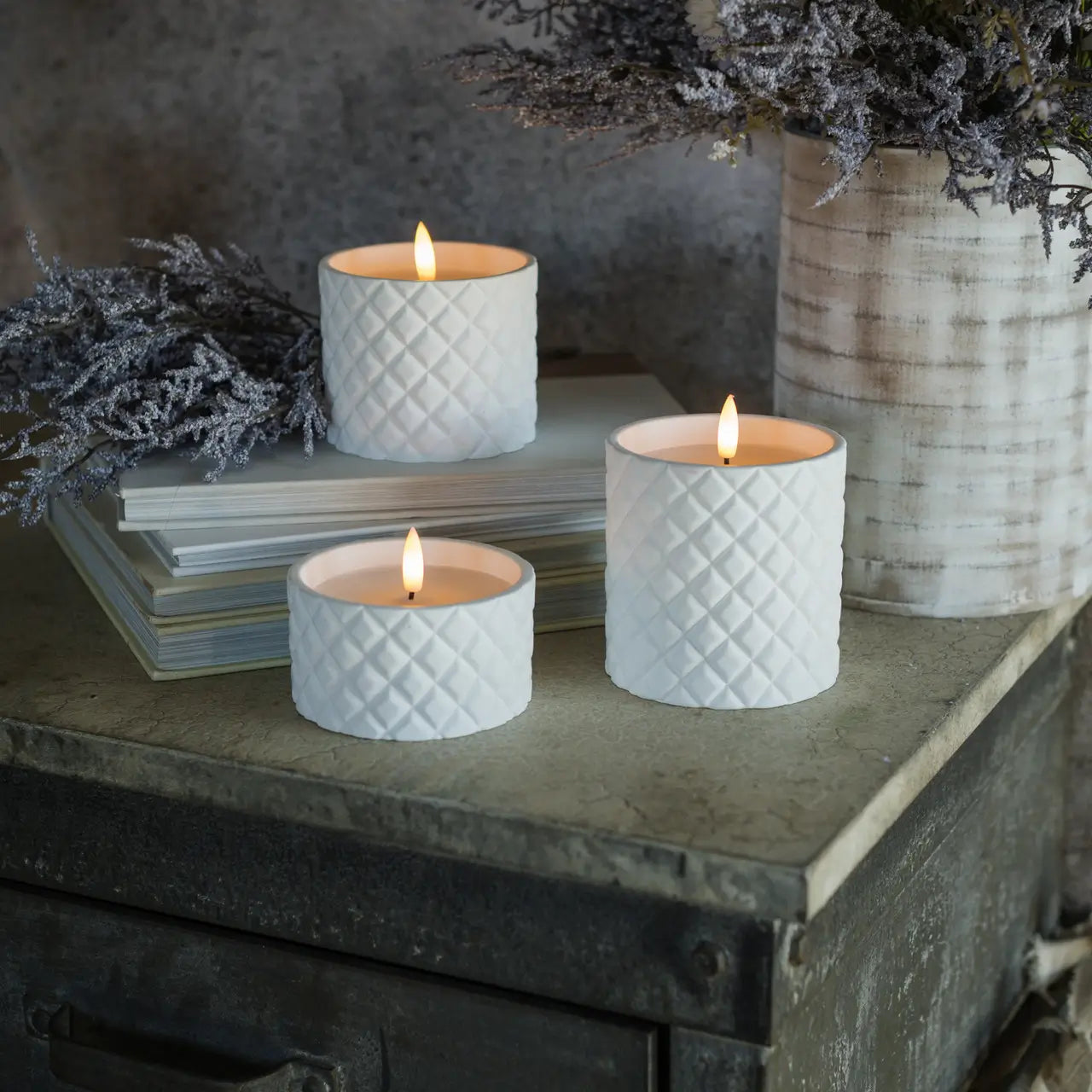 White Cement Grid 3D Flame Candle
