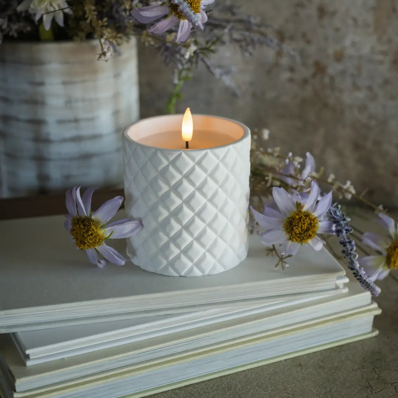 White Cement Grid 3D Flame Candle