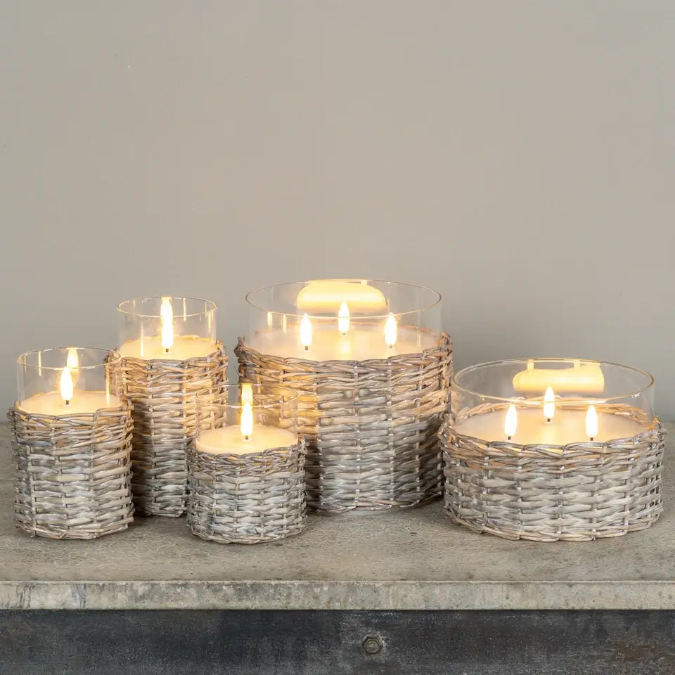 Woven Wicker & Glass 3D Flame Candle