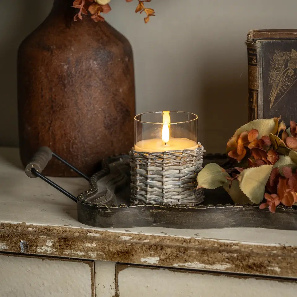 Woven Wicker & Glass 3D Flame Candle