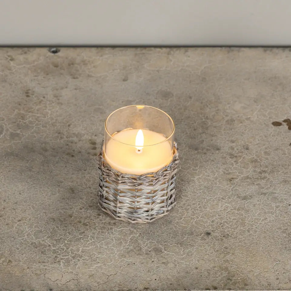 Woven Wicker & Glass 3D Flame Candle