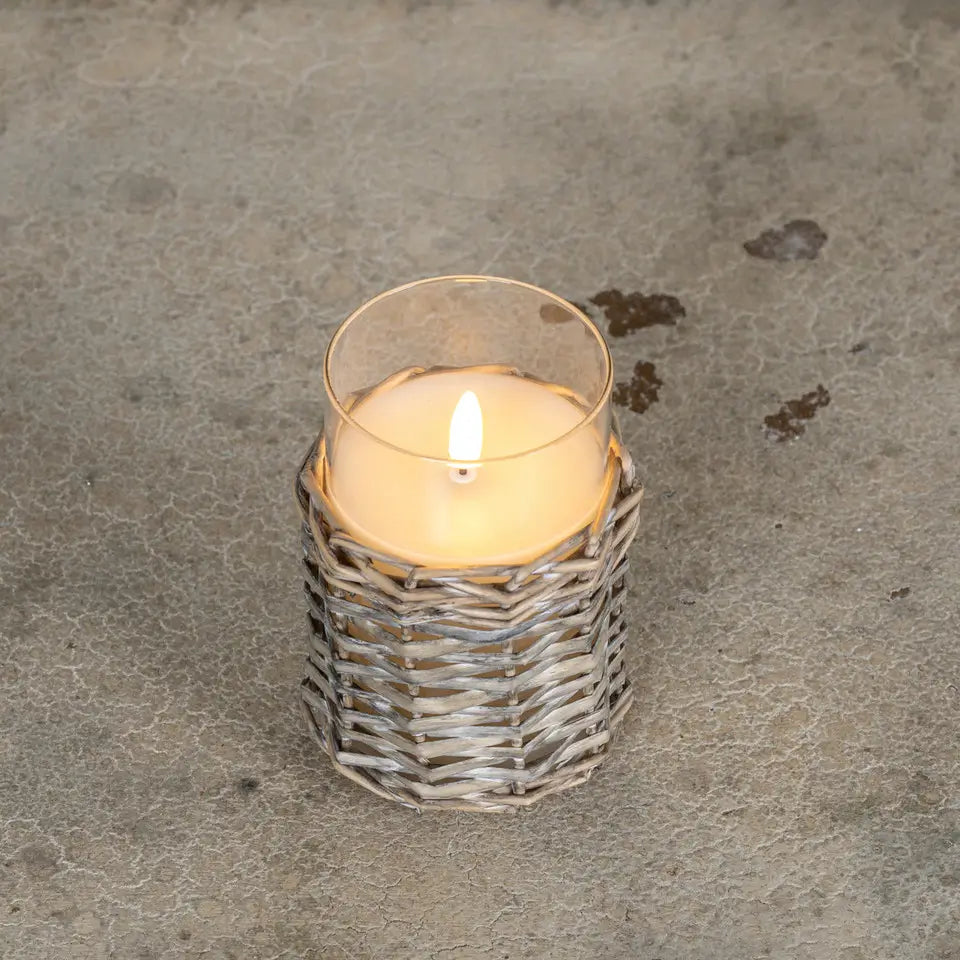 Woven Wicker & Glass 3D Flame Candle