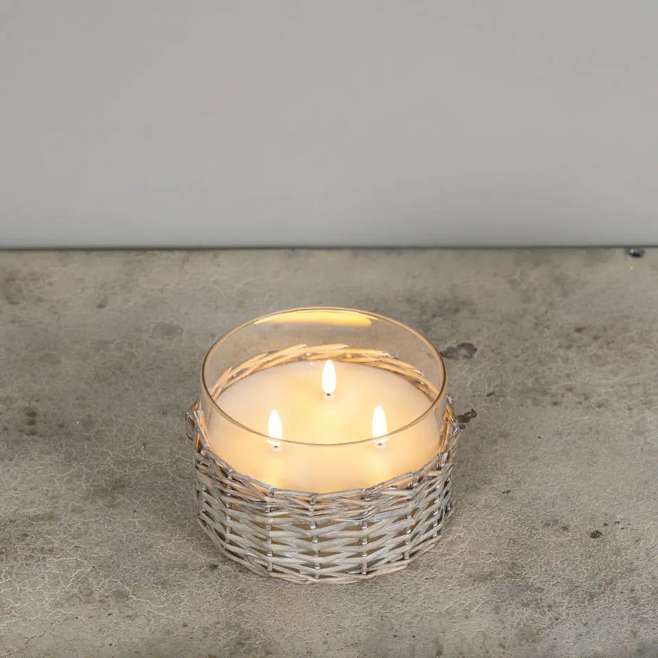 Large Woven Wicker & Glass Three Wick 3D Flame Candle